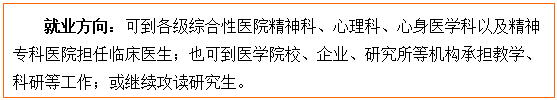 文本框: 就业方向：可到各级综合性医院精神科、心理科、心身医学科以及精神专科医院担任临床医生；也可到医国模性爱
校、企业、研究所等机构承担教学、科研等工作；或继续攻读研究生。